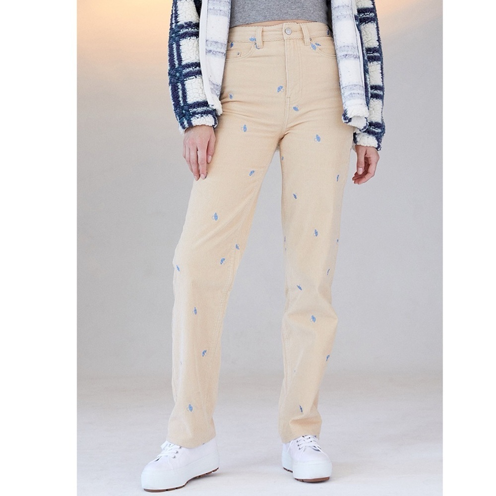 PacSun Mirco Embroidered Mushroom Boyfriend Jeans Beige Corduroy Women’s Size 23